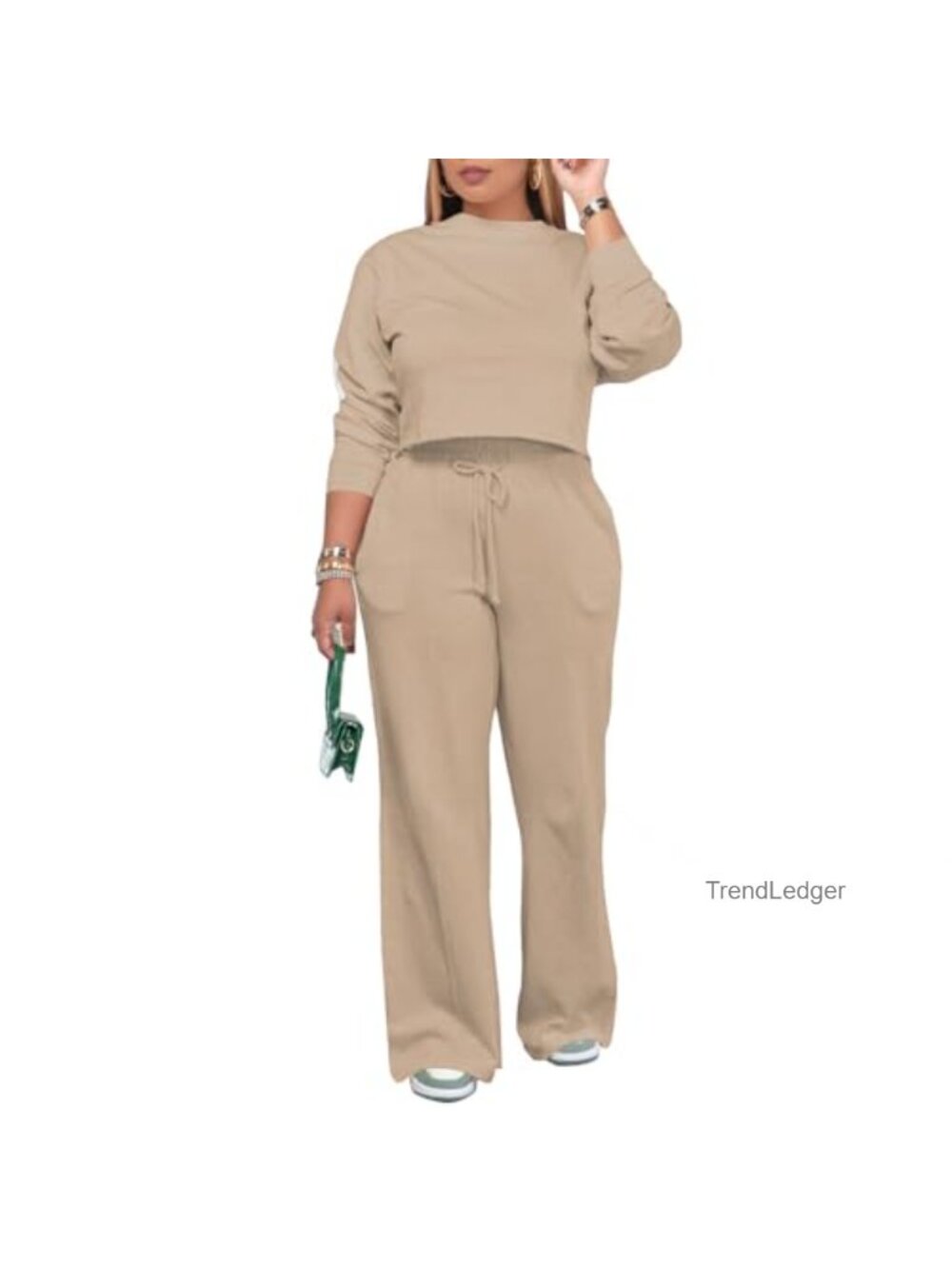 Women's 2 Piece Sweatsuit Set Long Sleeve Crop Top Wide Leg Pants Pockets